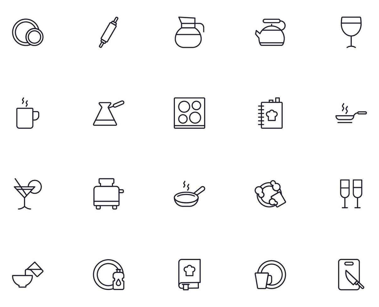 matlagning, mat, kök tecken. vektor symbol i modern linje stil. redigerbar stroke. linje ikon av maträtt, tvättning, spishäll och Övrig kök apparater