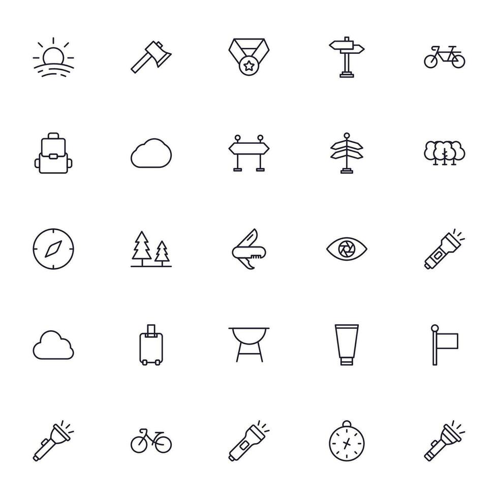 resa ikon uppsättning. samling av utomhus- aktivitet tecken för webb design, ui design, mobil app, etc. koppla av översikt ikon. camping svart piktogram på vit bakgrund. vektor