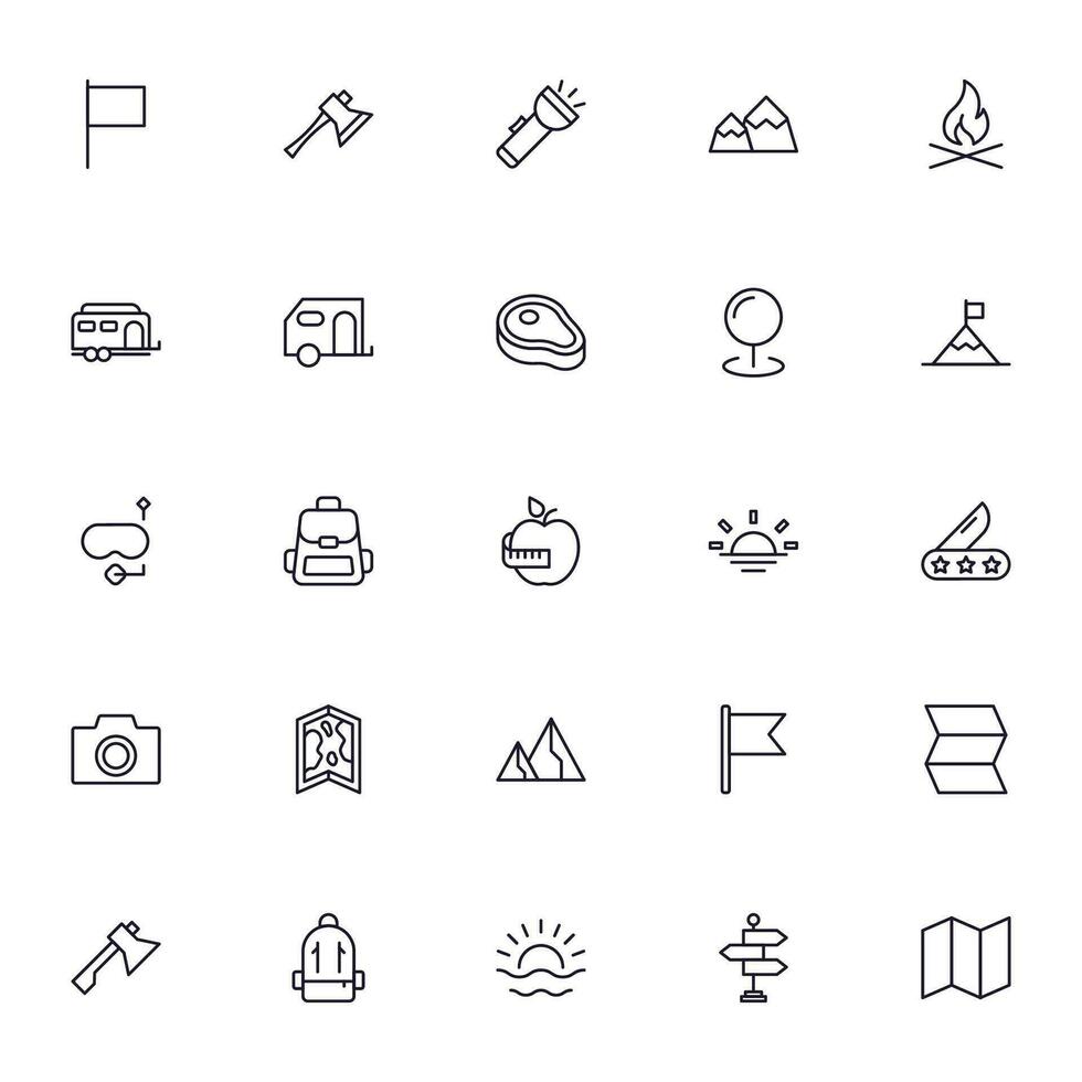 resa ikon uppsättning. samling av utomhus- aktivitet tecken för webb design, ui design, mobil app, etc. koppla av översikt ikon. camping svart piktogram på vit bakgrund. vektor