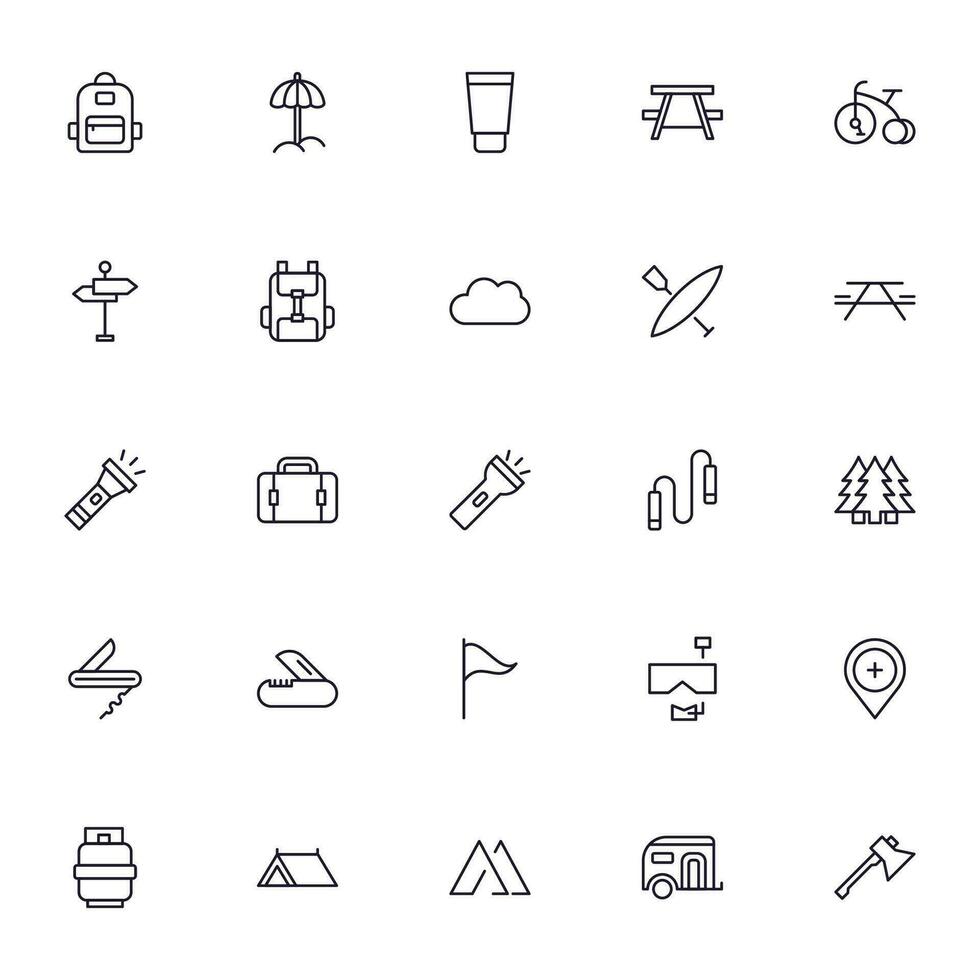 Reise Symbol Satz. Sammlung von draussen Aktivität Zeichen zum Netz Design, ui Design, Handy, Mobiltelefon Anwendung, usw. entspannen Gliederung Symbol. Camping schwarz Piktogramm auf Weiß Hintergrund. vektor