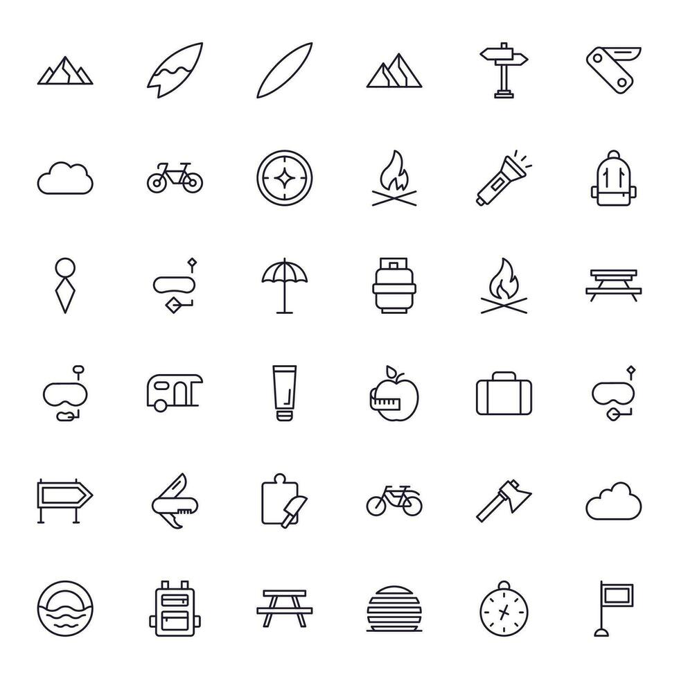 resa ikon uppsättning. samling av utomhus- aktivitet tecken för webb design, ui design, mobil app, etc. koppla av översikt ikon. camping svart piktogram på vit bakgrund. vektor