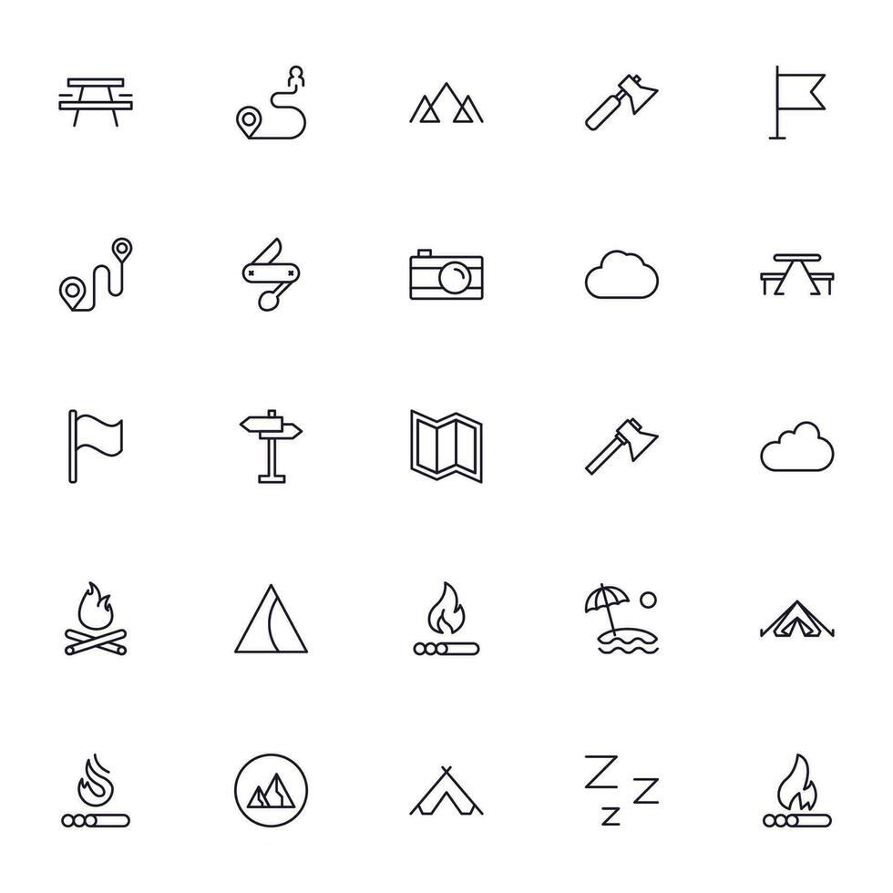 resa ikon uppsättning. samling av utomhus- aktivitet tecken för webb design, ui design, mobil app, etc. koppla av översikt ikon. camping svart piktogram på vit bakgrund. vektor