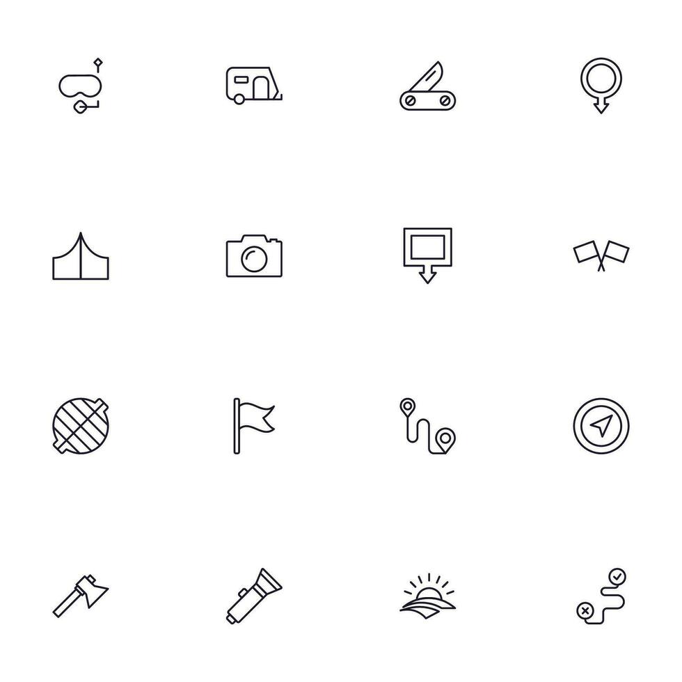 resa ikon uppsättning. samling av utomhus- aktivitet tecken för webb design, ui design, mobil app, etc. koppla av översikt ikon. camping svart piktogram på vit bakgrund. vektor