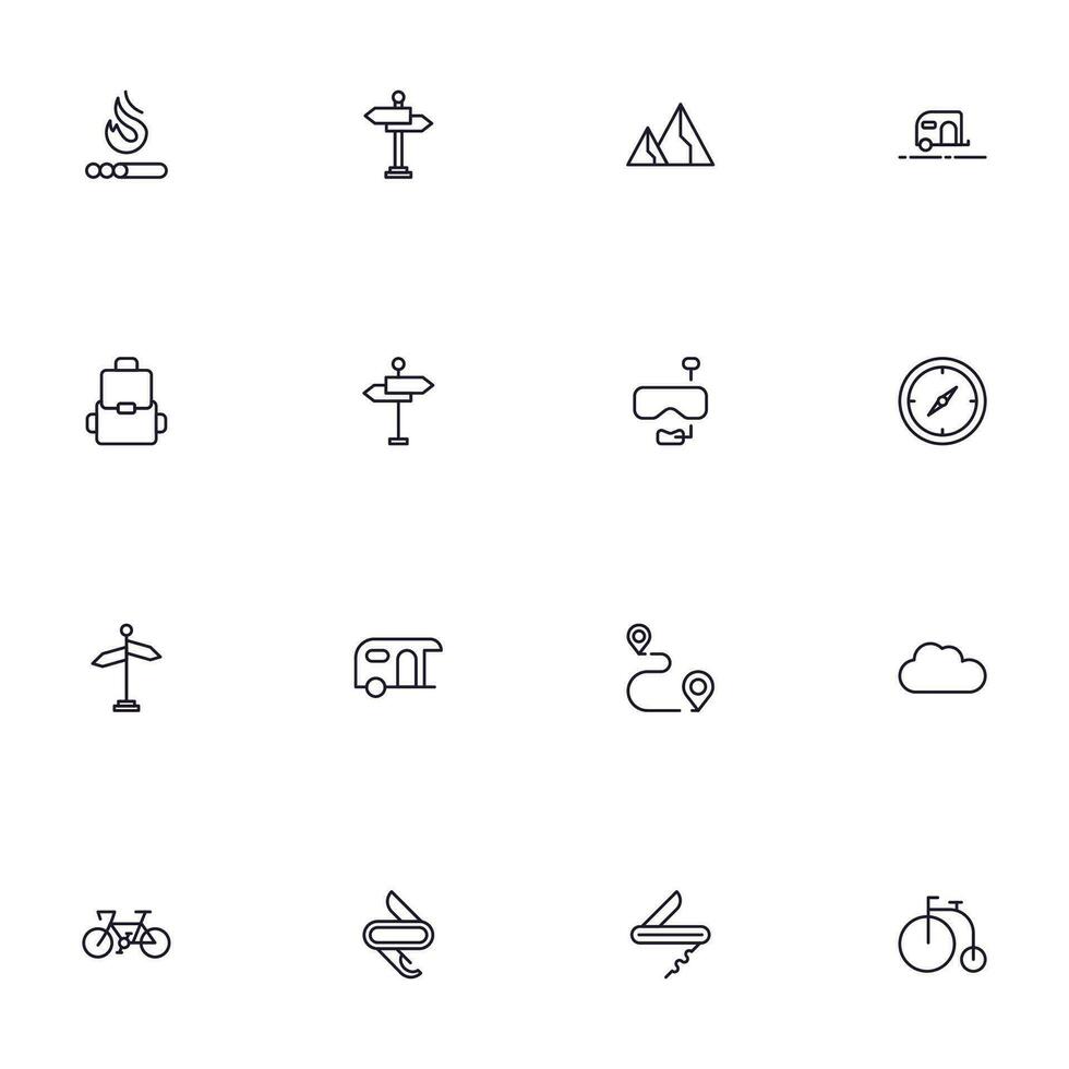 resa ikon uppsättning. samling av utomhus- aktivitet tecken för webb design, ui design, mobil app, etc. koppla av översikt ikon. camping svart piktogram på vit bakgrund. vektor