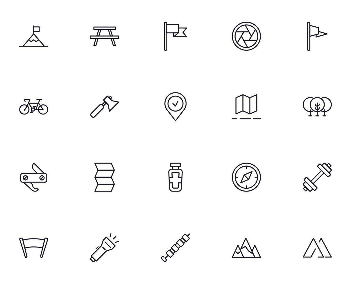 Reise Symbol Satz. Sammlung von draussen Aktivität Zeichen zum Netz Design, ui Design, Handy, Mobiltelefon Anwendung, usw. entspannen Gliederung Symbol. Camping schwarz Piktogramm auf Weiß Hintergrund. vektor