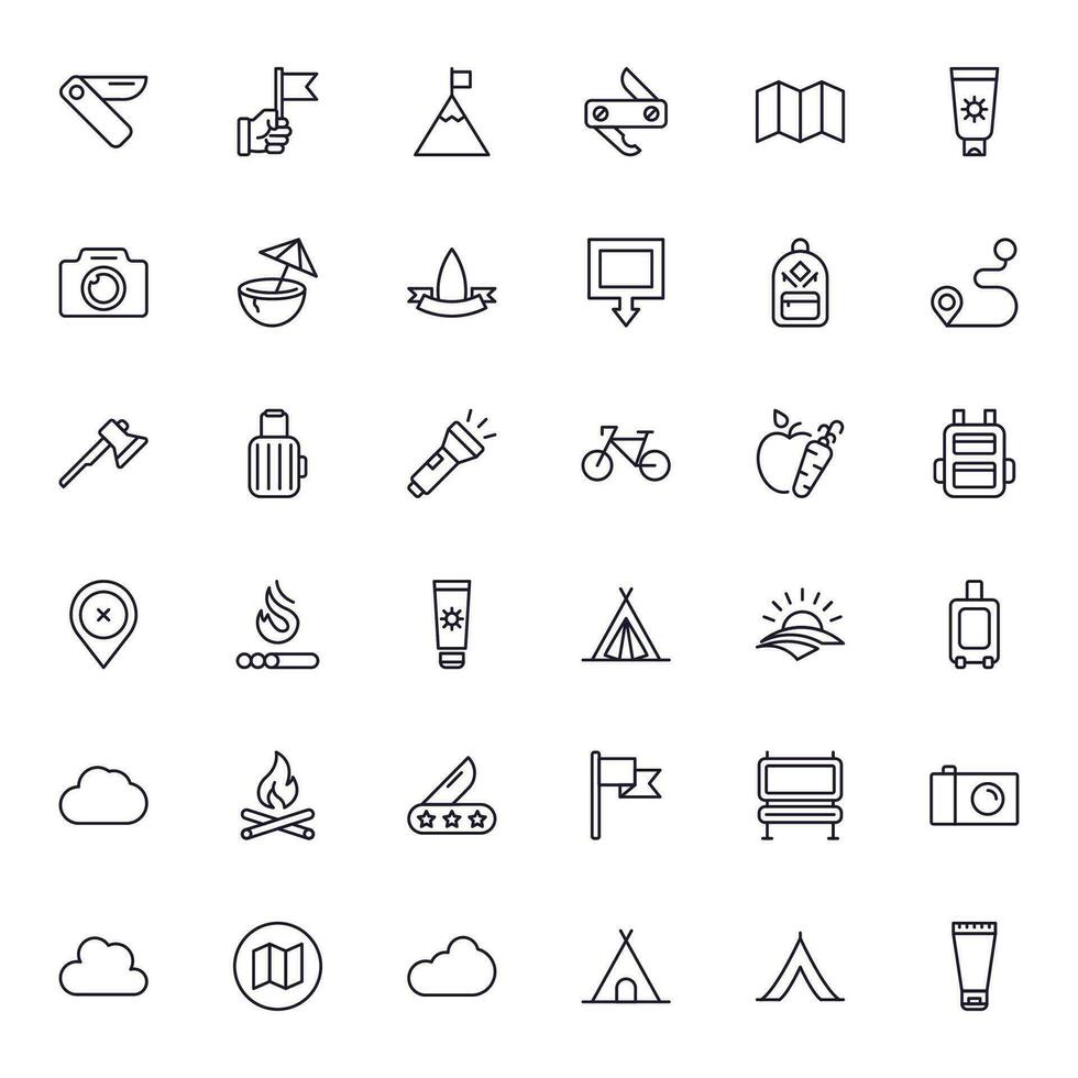 Reise Symbol Satz. Sammlung von draussen Aktivität Zeichen zum Netz Design, ui Design, Handy, Mobiltelefon Anwendung, usw. entspannen Gliederung Symbol. Camping schwarz Piktogramm auf Weiß Hintergrund. vektor