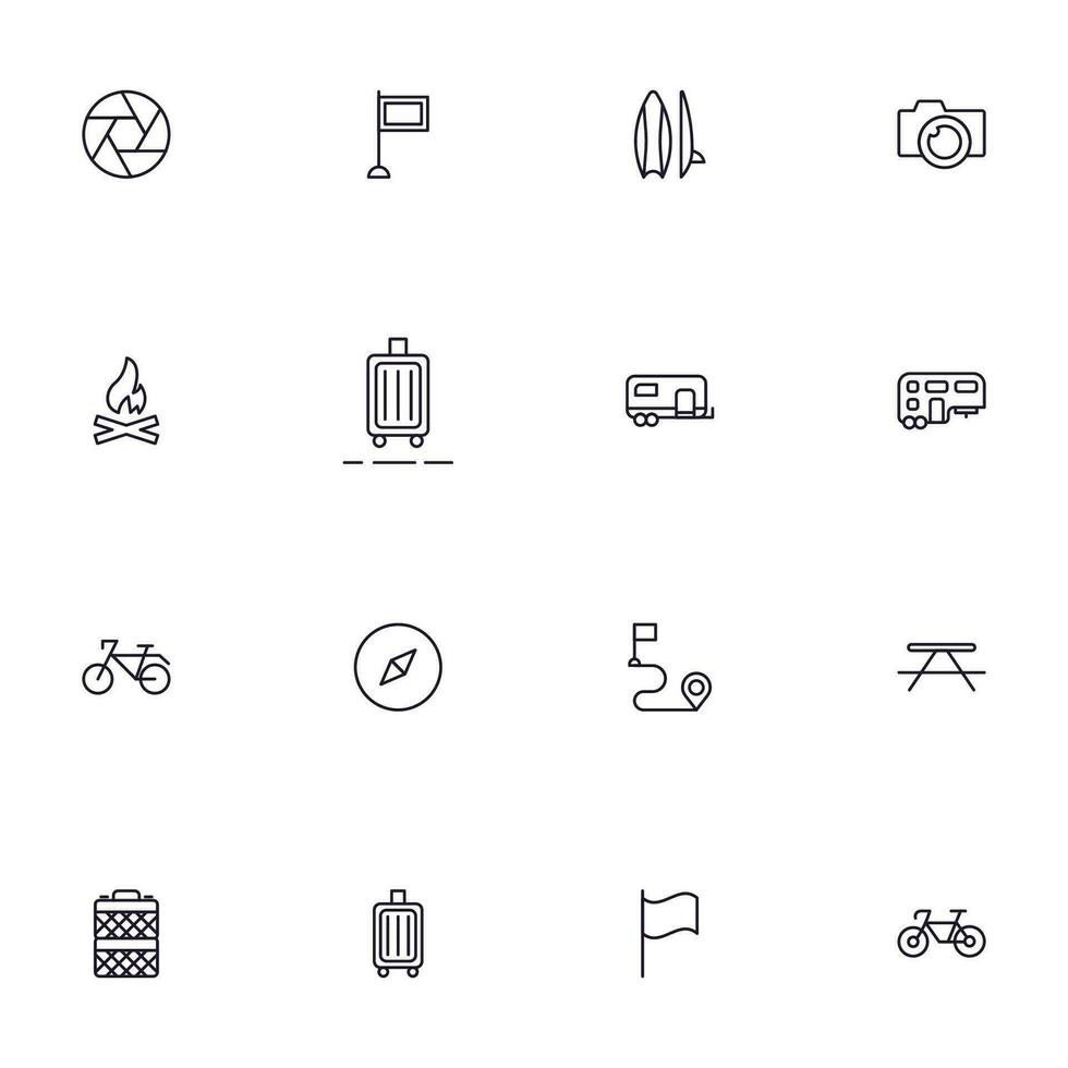 resa ikon uppsättning. samling av utomhus- aktivitet tecken för webb design, ui design, mobil app, etc. koppla av översikt ikon. camping svart piktogram på vit bakgrund. vektor
