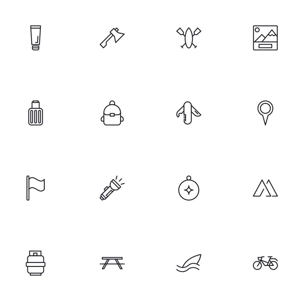 resa ikon uppsättning. samling av utomhus- aktivitet tecken för webb design, ui design, mobil app, etc. koppla av översikt ikon. camping svart piktogram på vit bakgrund. vektor