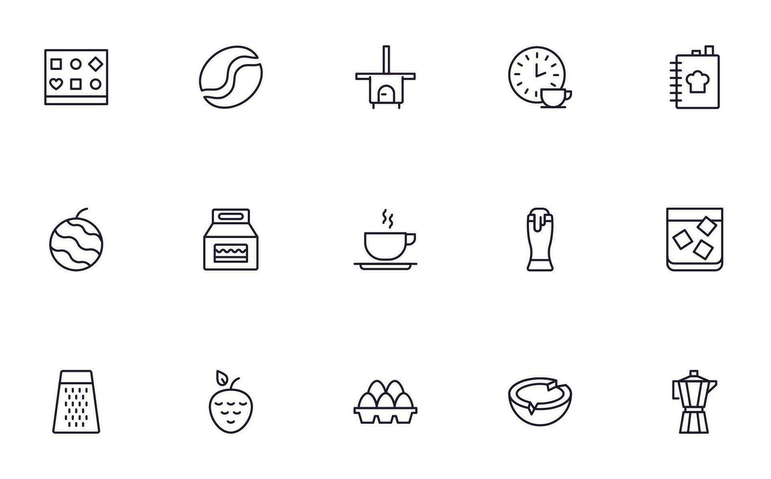 Essen Linie Symbol Satz. Sammlung von Gliederung Zeichen zum Netz Design, Handy, Mobiltelefon Anwendung, usw. schwarz Linie Symbol von Frucht, Gemüse, Fleisch, Süssigkeit, Kuchen. vektor