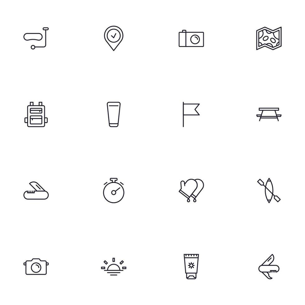 resa ikon uppsättning. samling av utomhus- aktivitet tecken för webb design, ui design, mobil app, etc. koppla av översikt ikon. camping svart piktogram på vit bakgrund. vektor