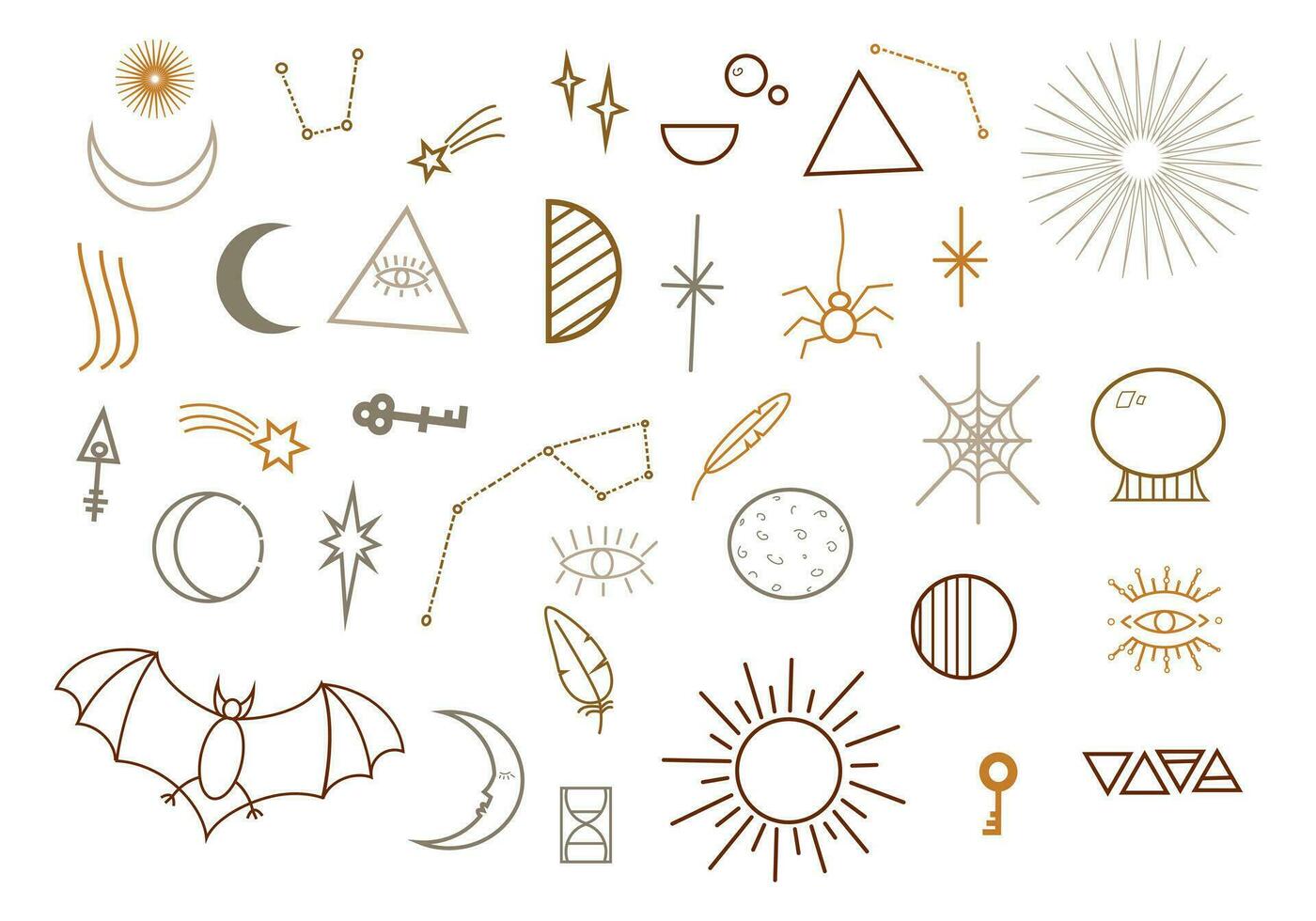 einstellen von mystisch und mysteriös Abbildungen zum Planer, Tagebuch, Netz Design im Hand gezeichnet Stil. Raum und Astrologie Konzept. modern Boho Stil. Vektor Symbole und Logo Illustration isoliert.