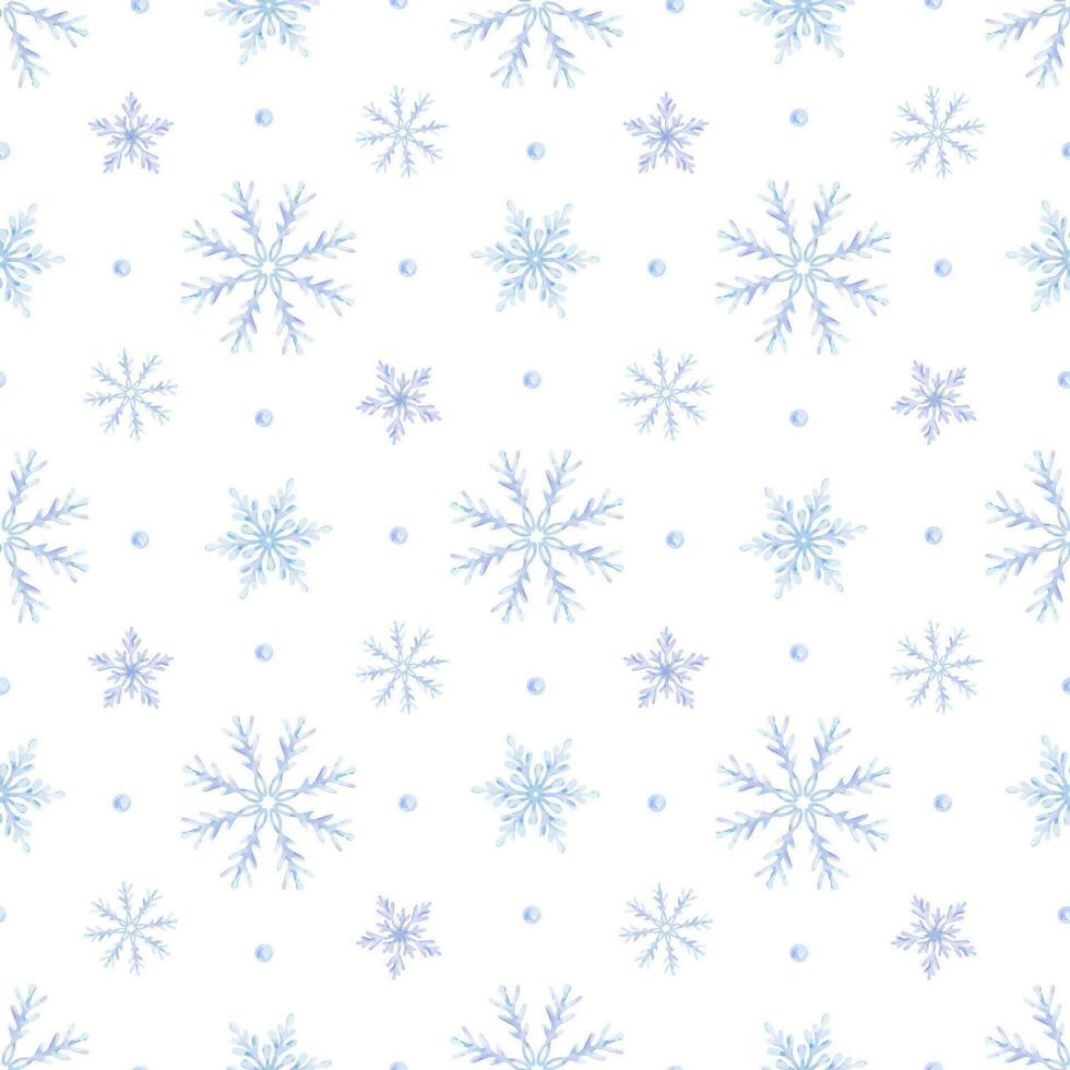 Schneeflocken. Aquarell nahtlos Muster. dekorativ Winter Hintergrund mit Hand gezeichnet Schneeflocken, Schnee, Sterne. zum Stoff, Verpackung Papier, Scrapbooking, Postkarten, Einladungen, Karten vektor