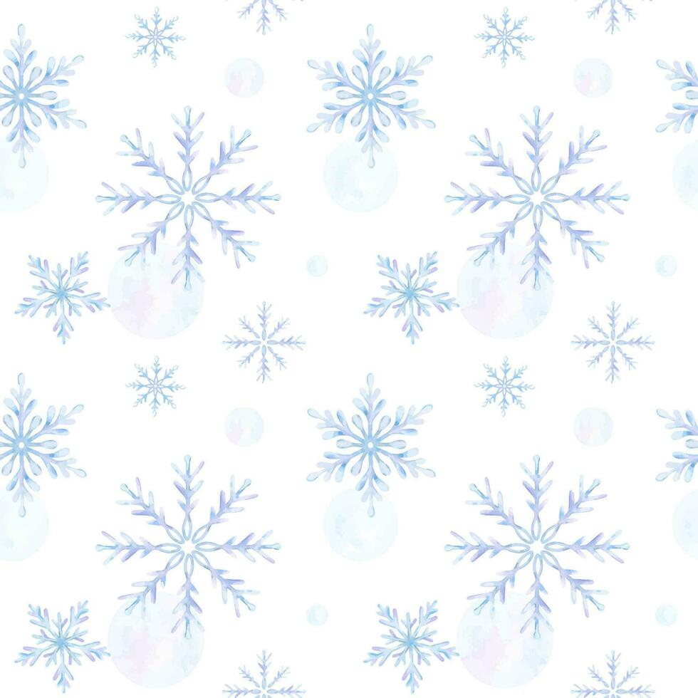 Schneeflocken. Aquarell nahtlos Muster. dekorativ Winter Hintergrund mit Hand gezeichnet Schneeflocken, Schnee, Sterne. zum Stoff, Verpackung Papier, Scrapbooking, Postkarten, Einladungen, Karten vektor