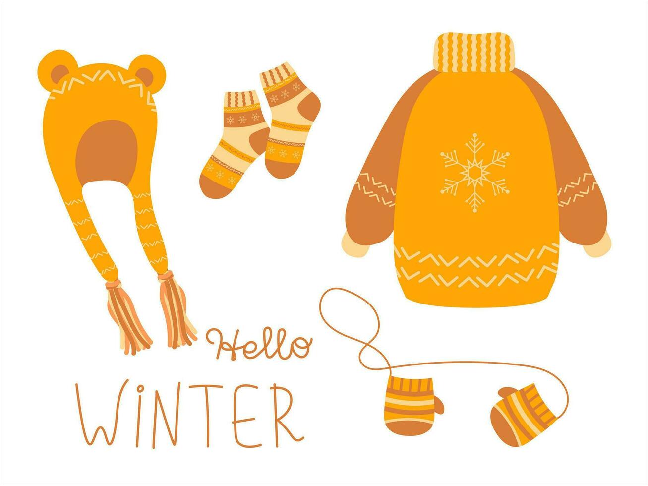 einstellen von Winter warm Kleider mit handgeschrieben Text. Vektor Illustration zum Aufkleber, Design, Dekoration