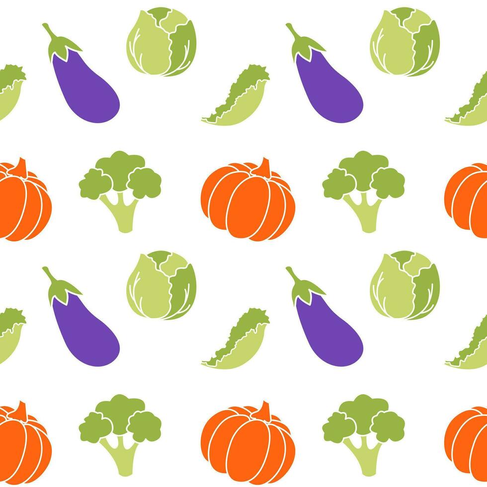 Vegetarier Muster mit Gemüse Kürbis Aubergine Brokkoli Salat, auf ein Weiß Hintergrund. vektor