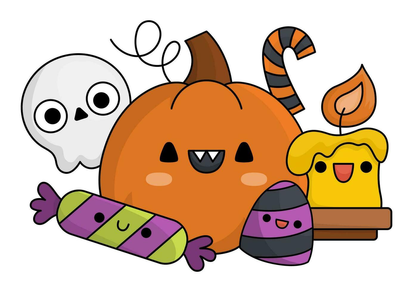 Vektor kawaii Kürbis mit Süßigkeiten, Schädel und Kerze. Halloween Szene mit süß Nachspeisen. alle Heilige Tag Illustration. komisch Trick oder behandeln Party Konzept zum Kinder