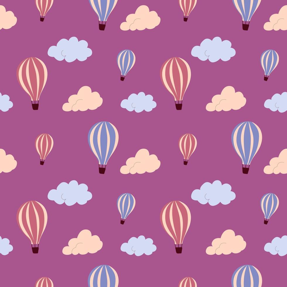 nahtloses Muster mit fliegendem Heißluftballon und bunten Wolken auf einem Hintergrund. Vektor endlose Textur für Reisedesign.