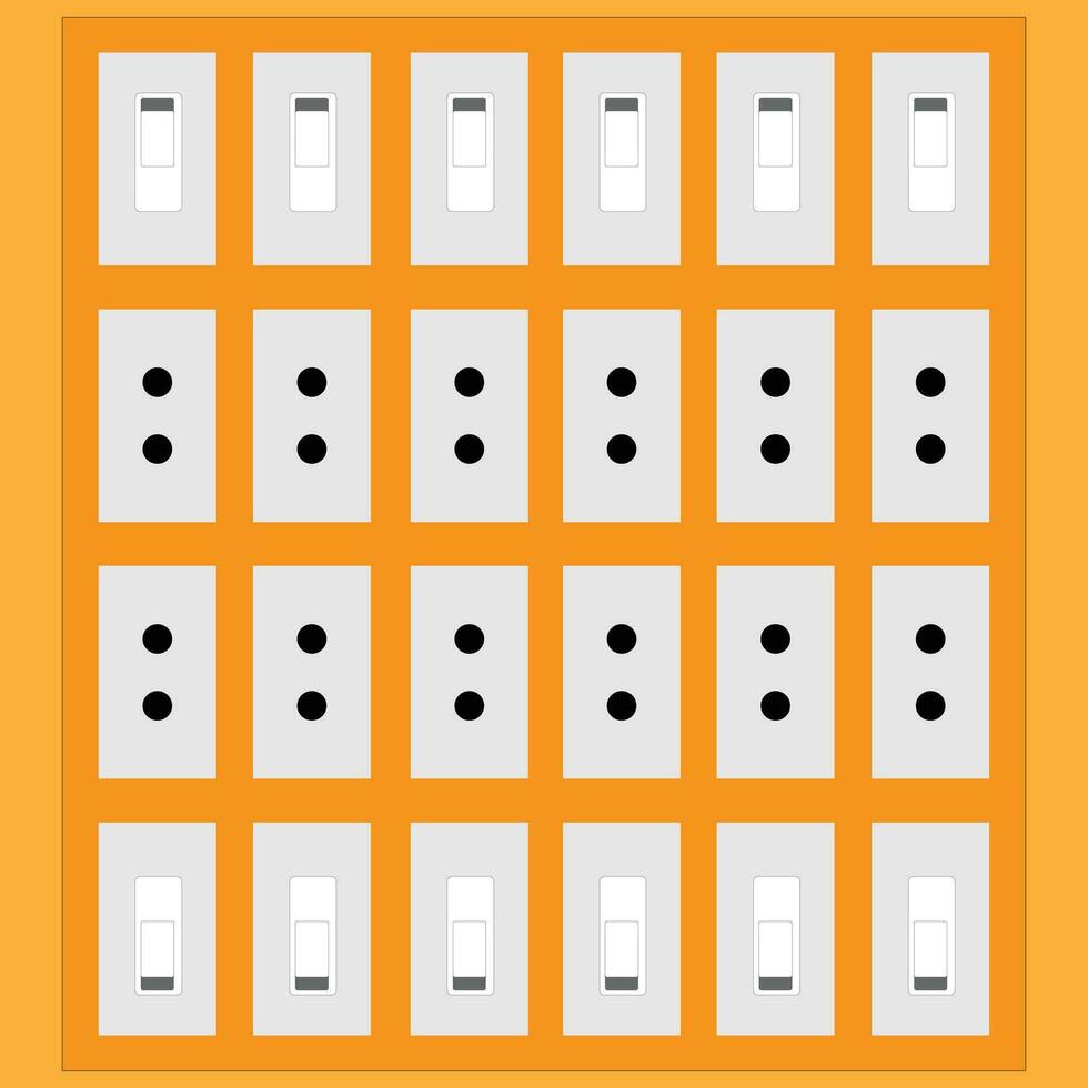 elektrisk styrelse med uttag och knapp, en rutnät av växlar på ett orange bakgrund vektor