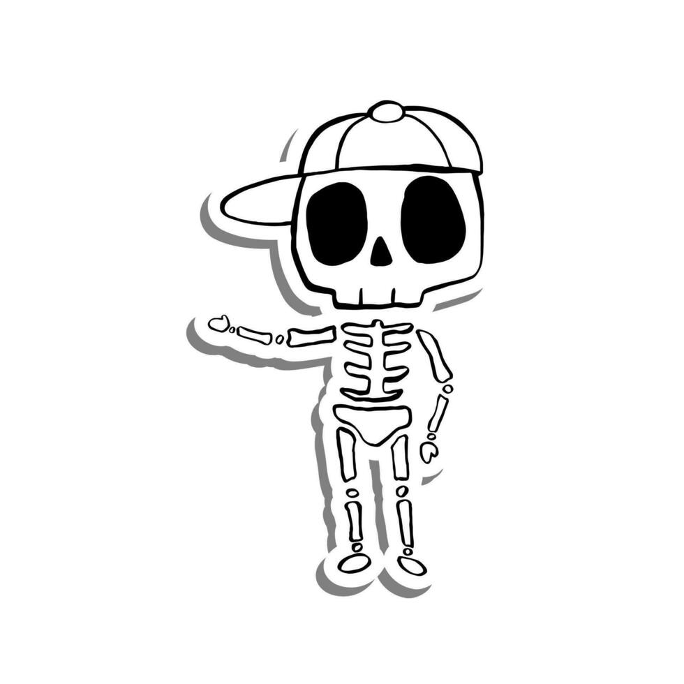 söt tecknad serie skelett bär en keps på vit silhuett och grå skugga. vektor illustration handla om halloween.