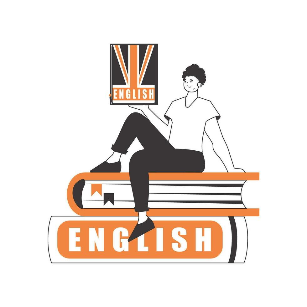 manlig engelsk lärare. de begrepp av inlärning engelsk. linjär trendig stil. isolerat, vektor illustration.