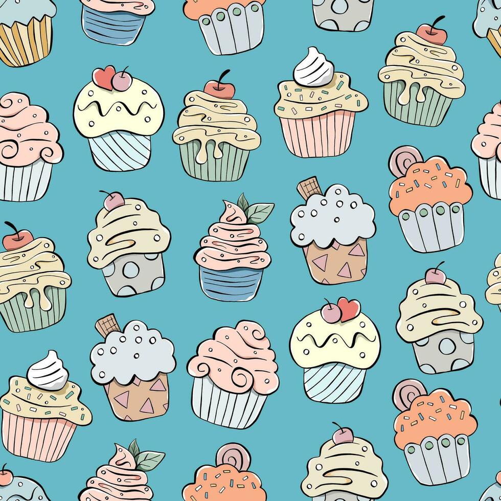 Farben Cupcake nahtlos Muster. Design zum Papier, Abdeckungen, Karten, Stoffe, Hintergrund und beliebig. Vektor Illustration Über Süßigkeiten Nachtisch.