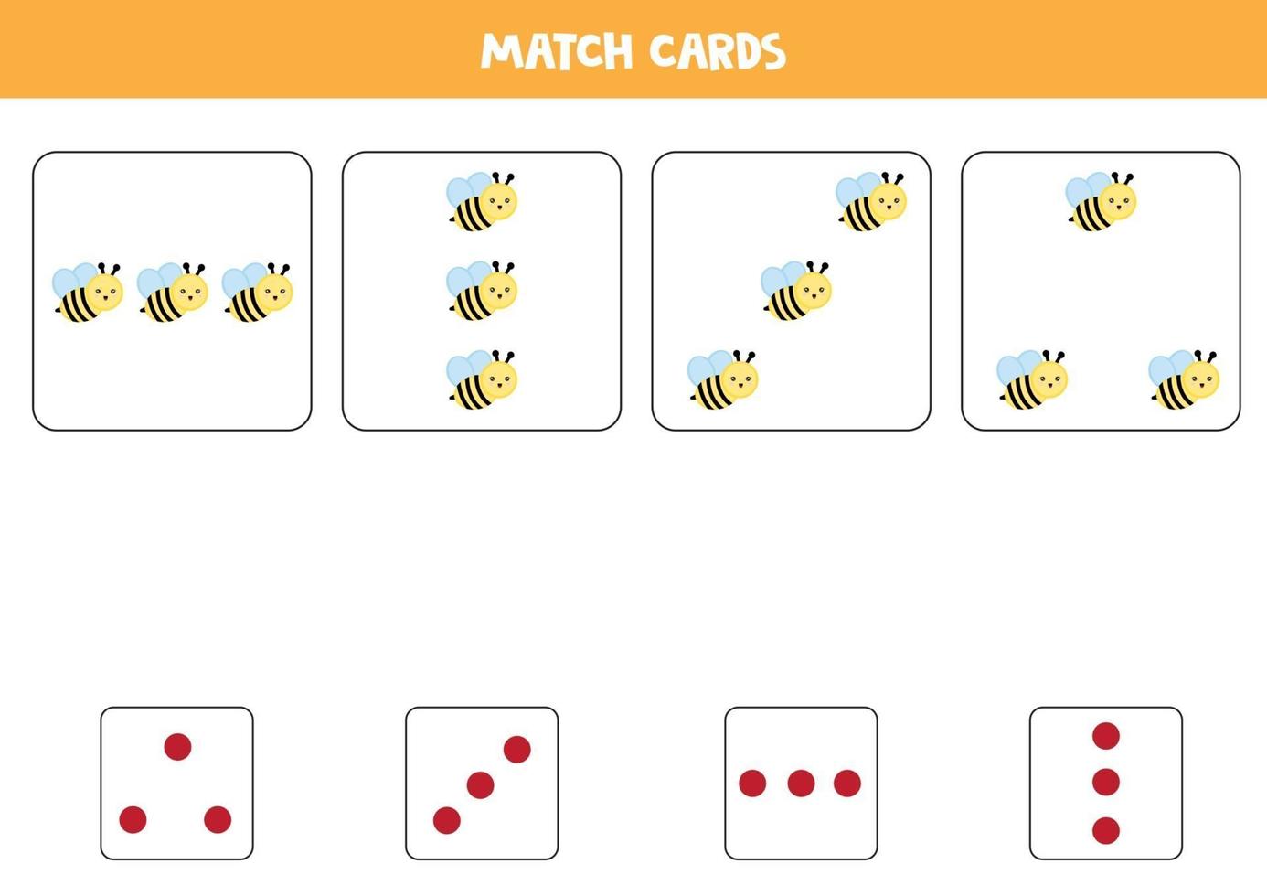 pädagogisches Arbeitsblatt für Kinder im Vorschulalter. Match-Karten mit Punkten und Bienen nach Betrag. vektor