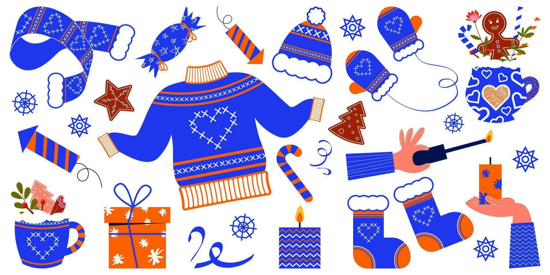 uppsättning av vinter- kläder. ny år Kläder, drycker, Semester dekorationer och Övrig element. vektor illustration i platt stil.