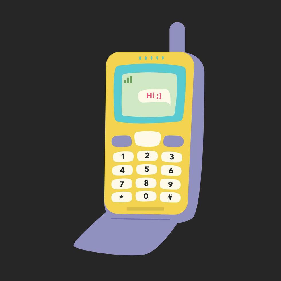 retro Handy, Mobiltelefon Telefon Gerät. Handy, Mobiltelefon Telefon mit Tasten. süß und stilvoll von 90er. Hand gezeichnet Vektor Illustration. Jahrgang elektronisch. Flip Telefon