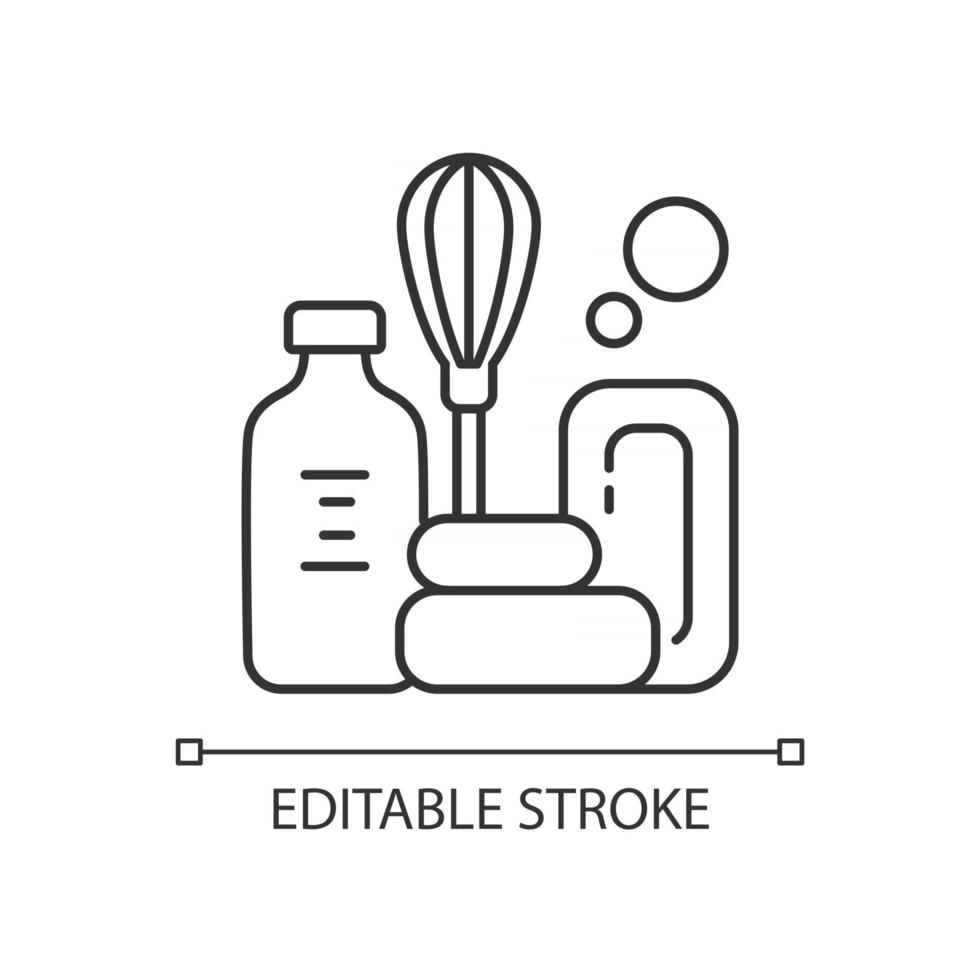 DIY-Seife lineares Symbol. natürliches und aromatisches Produkt. schmelzen und gießen Seife. Zubehör für die Seifenherstellung. dünne Linie anpassbare Illustration. Kontursymbol. Vektor isolierte Umrisszeichnung. bearbeitbarer Strich