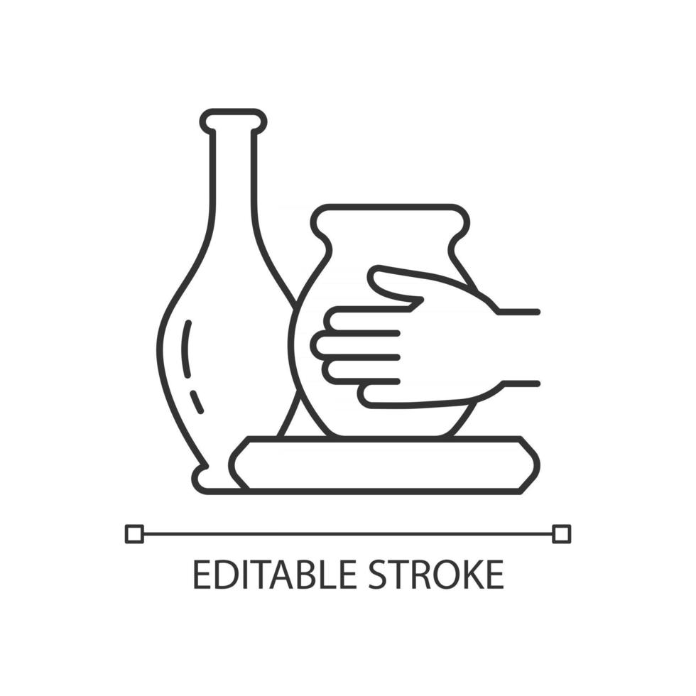 Handgemachte Keramik lineare Ikone. Herstellung von Keramikgefäßen. Töpfern auf dem Rad herstellen. dünne Linie anpassbare Illustration. Kontursymbol. Vektor isolierte Umrisszeichnung. bearbeitbarer Strich