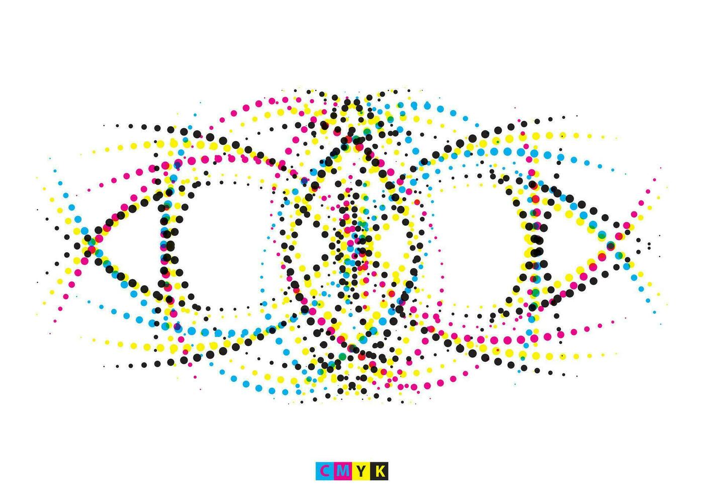 ein bunt abstrakt Design mit Punkte und Linien, ein cmyk und Weiß Halbton Illustration von ein Symbol, Spiral- wirbelnd Halbton Vektor Illustration