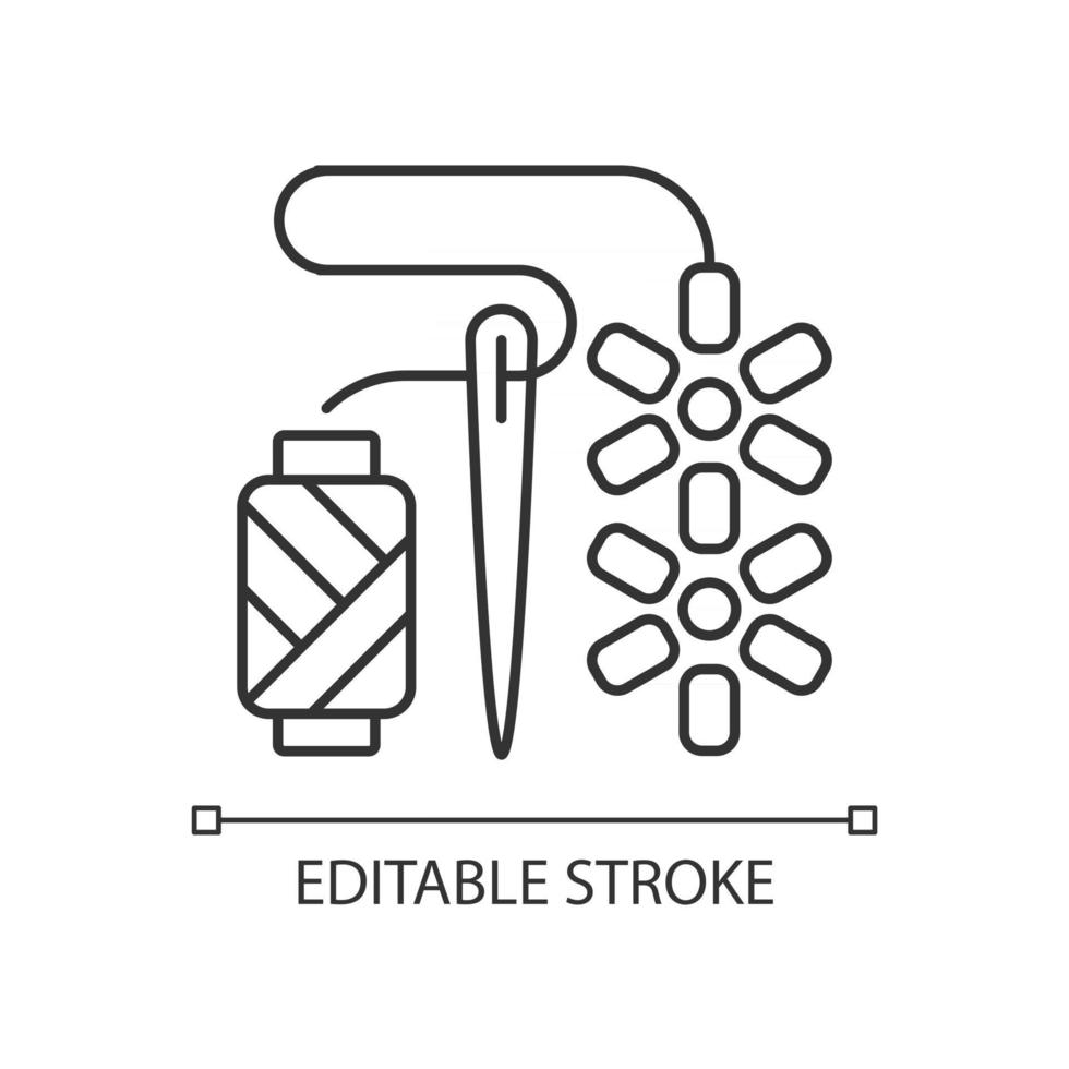 pärlarbete linjär ikon. fästa pärlor med sömnål. tyg dekoration. smycken hobby. tunn linje anpassningsbar illustration. kontursymbol. vektor isolerade konturteckning. redigerbar stroke