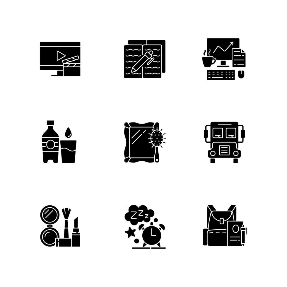 alltägliche Aktivitäten schwarze Glyphensymbole auf weißem Raum. Fernsehen zur Unterhaltung zu Hause. Hausaufgaben für die Schule. tägliche Routine. Silhouette-Symbole. isolierte Vektorgrafik vektor