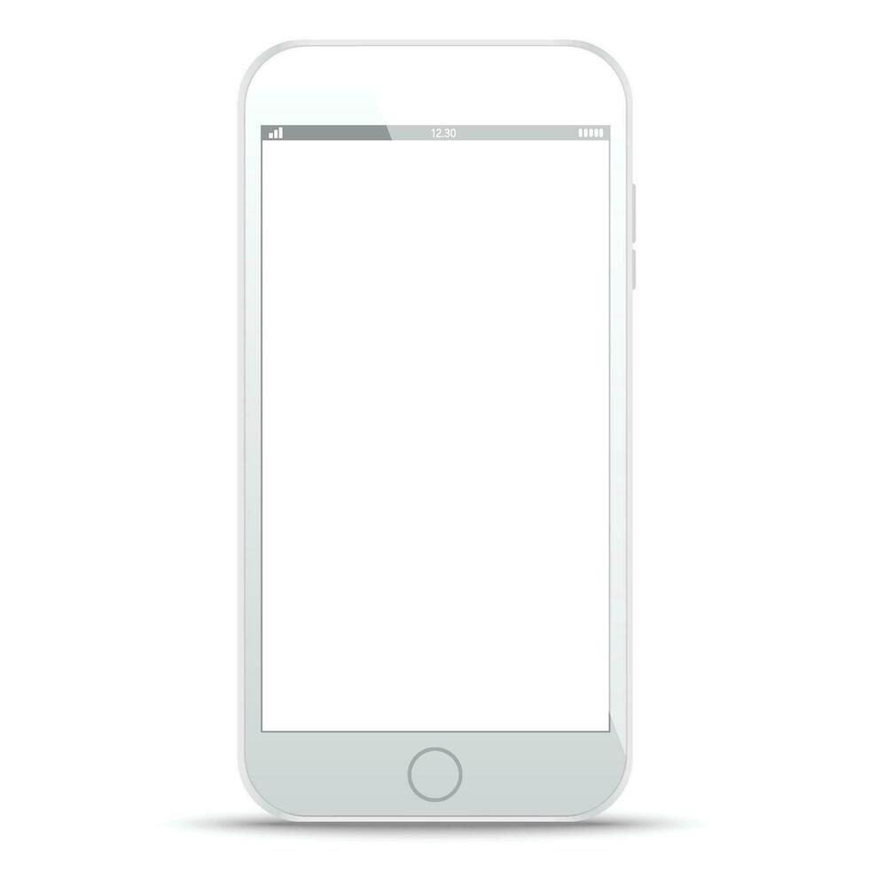 realistisch Weiß Smartphone isoliert auf Weiß Hintergrund. Handy, Mobiltelefon Telefon Attrappe, Lehrmodell, Simulation mit leer Bildschirm isoliert auf Weiß Hintergrund vektor