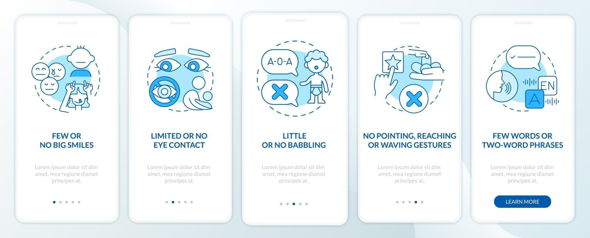 asd-tecken på barn ombord på mobilappsskärmen. få leenden, inga gester går igenom 5 steg grafiska instruktioner med koncept. ui, ux, gui vektormall med linjära färgillustrationer vektor