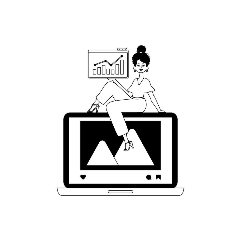 Freundin , fotografieren und Entstehung Graph . Sozial Netz Disziplin . schwärzen und Weiß linear Mode. modisch Stil, Vektor Illustration