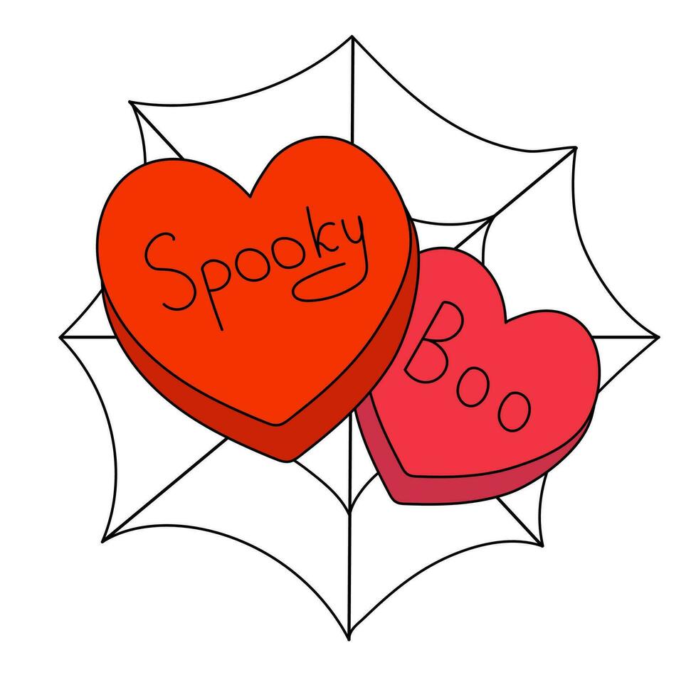 Herzen Süßigkeiten mit Spinne Netz. Boo und gespenstisch Text. Halloween Konzept. Vektor eben Illustration.