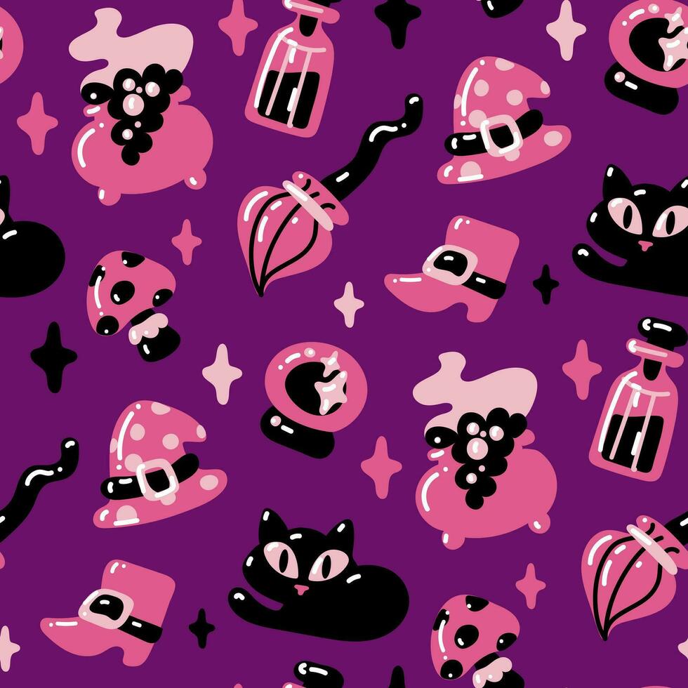 sömlös mönster i rosa och svart färger för halloween. häxa, hatt, kvast, känga, katt, glas boll, förgifta på lila bakgrund vektor illustration i tecknad serie stil. Semester förpackning, fest textur