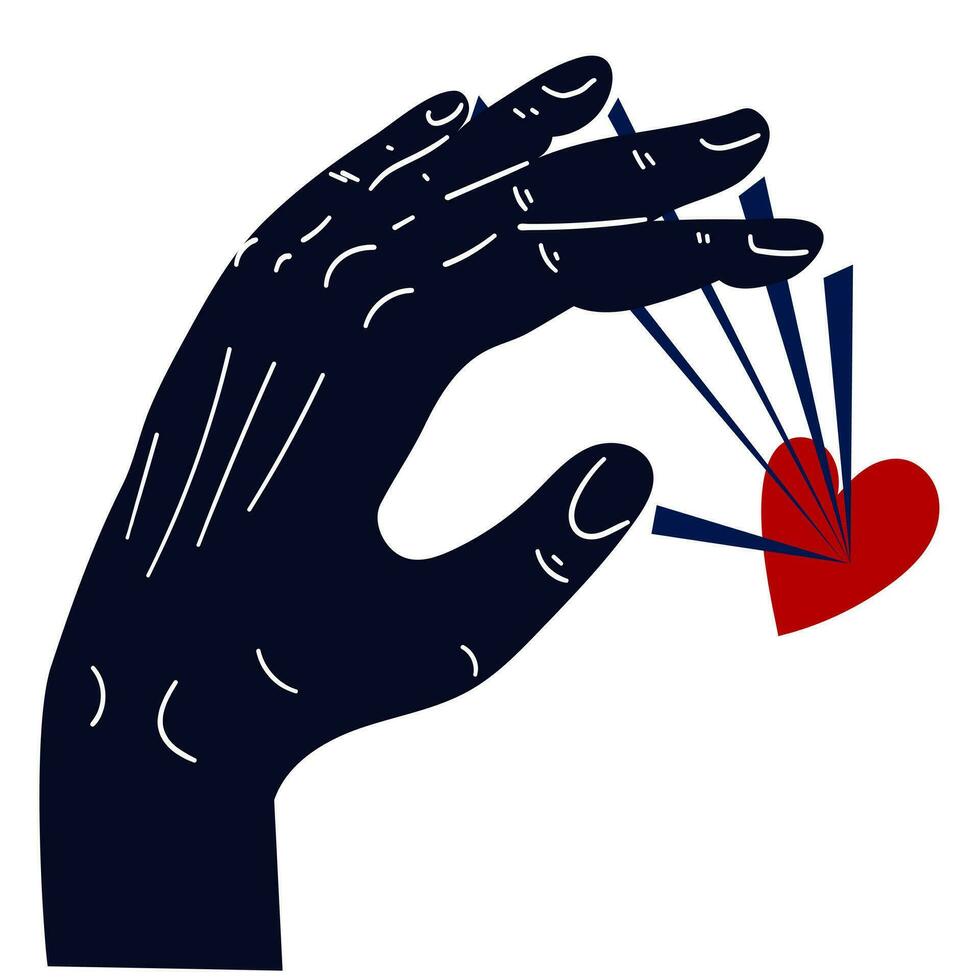 Vektor Bild von ein Hand manipulieren das Herz und Emotionen, Frauenschwarm. Hand und Scharf Partikel zu das Herz. konzeptionelle Illustration. Aufkleber, Scrapbooking. Herzensbrecher, Management, Gefühle, Schmerzen