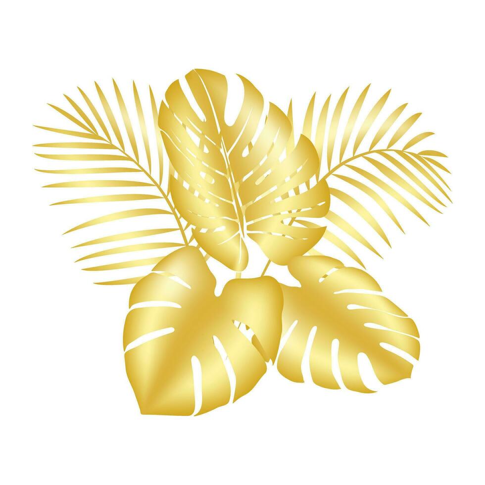 Vektor Dekoration mit glänzend golden Palme Blätter. golden tropisch Blatt. zum Verpackung Kosmetika, Parfums, Postkarten, Einladung zu das Hochzeit, Abdeckungen, Tourismus, Patch Drucken, Zuhause Dekor.