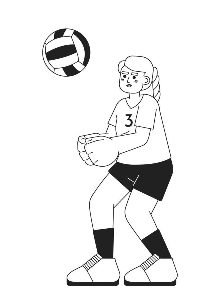 kaukasisch weiblich Volleyball Spieler monochromatisch eben Vektor Charakter. stark Frau treten Ball. editierbar dünn Linie voll Körper Person auf Weiß. einfach bw Karikatur Stelle Bild zum Netz Grafik Design