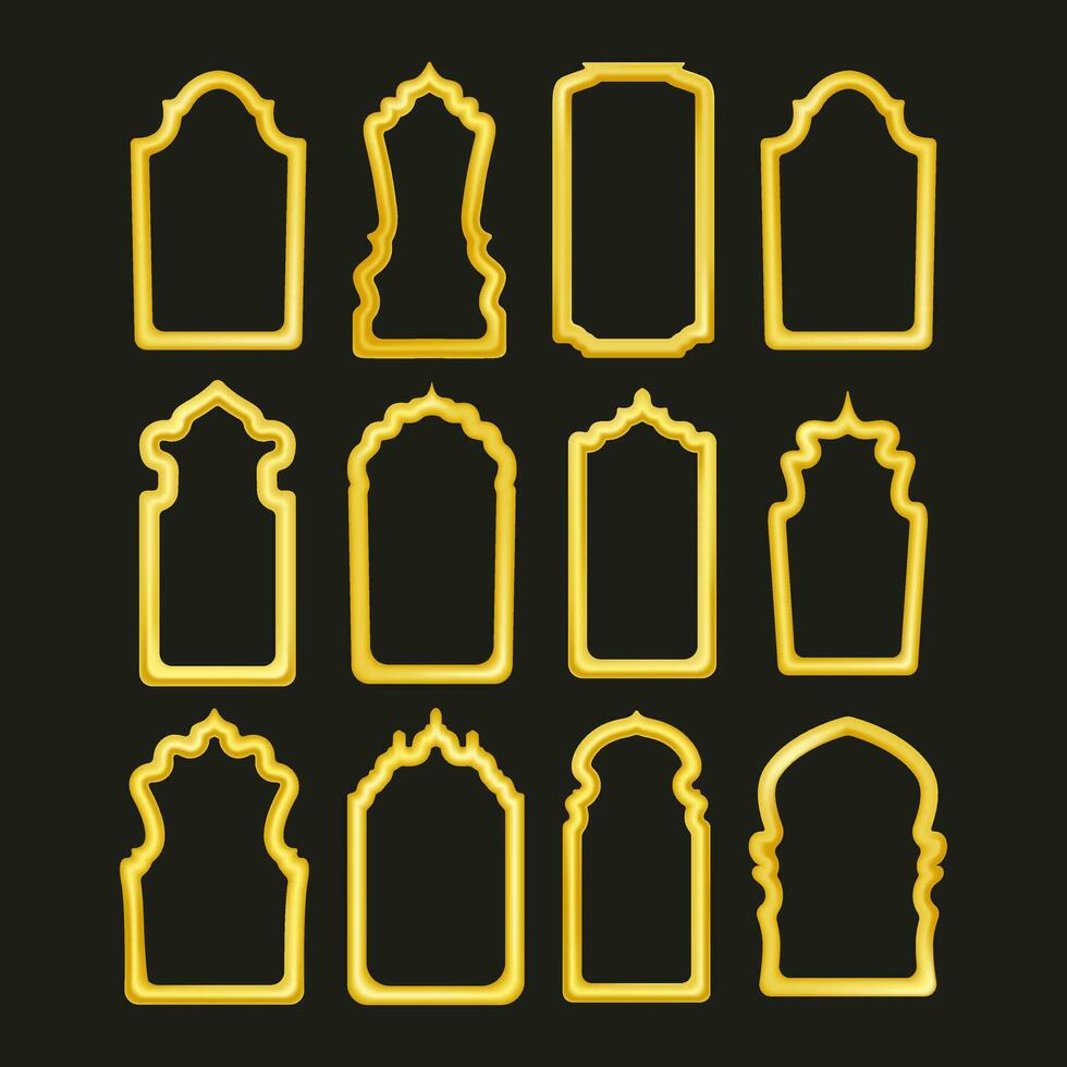 guld arab ram uppsättning. uppsättning vektor islamic dörr och fönster 3d, bra design för några syften. arab muslim form båge. design element. islamic illustration.