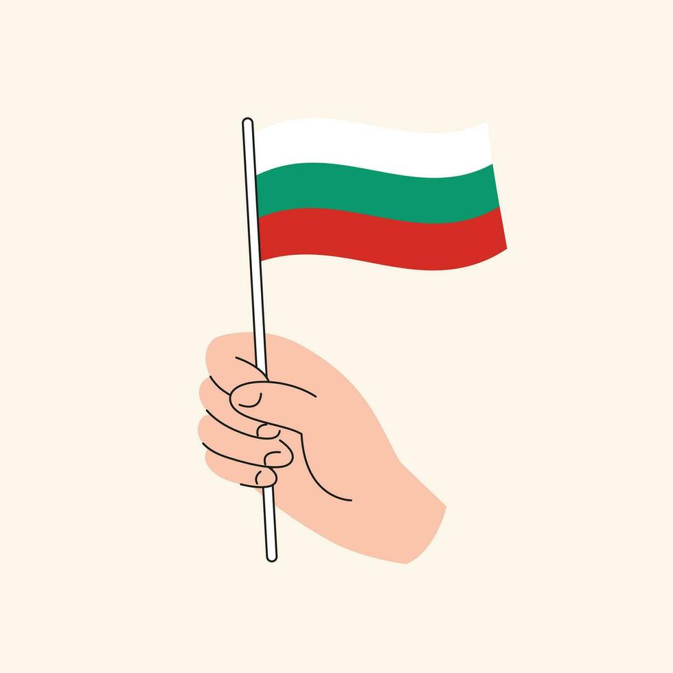 tecknad serie hand innehav bulgarian flagga, isolerat vektor teckning.