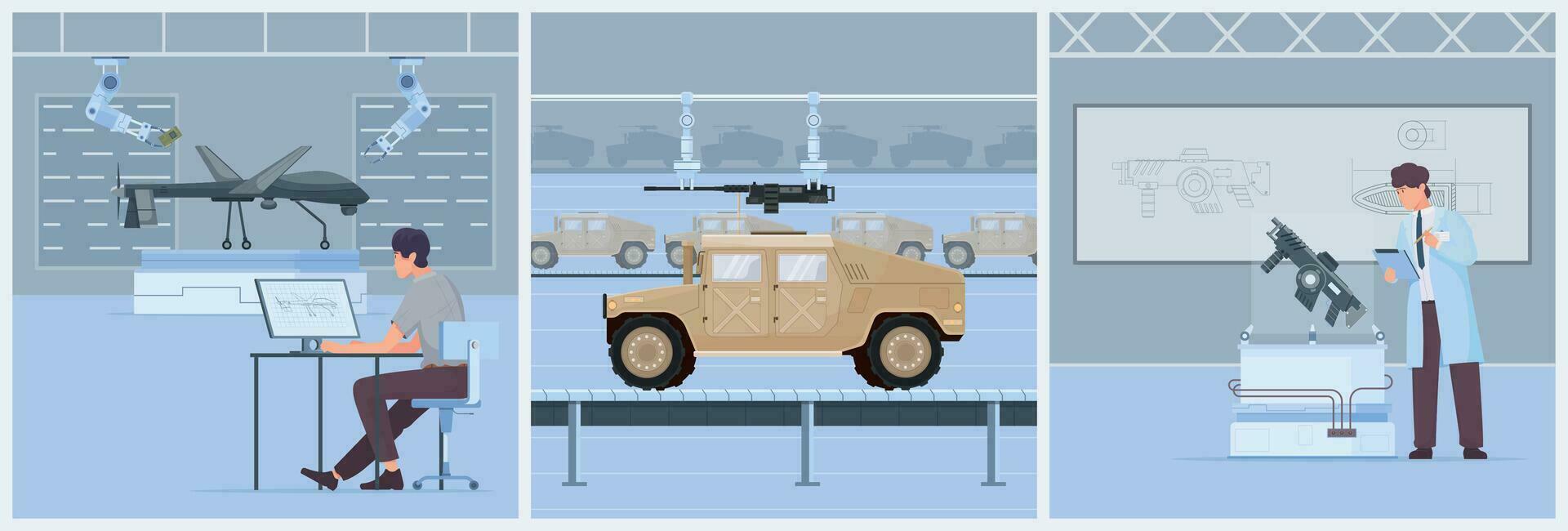 militär produktion platt illustrationer vektor