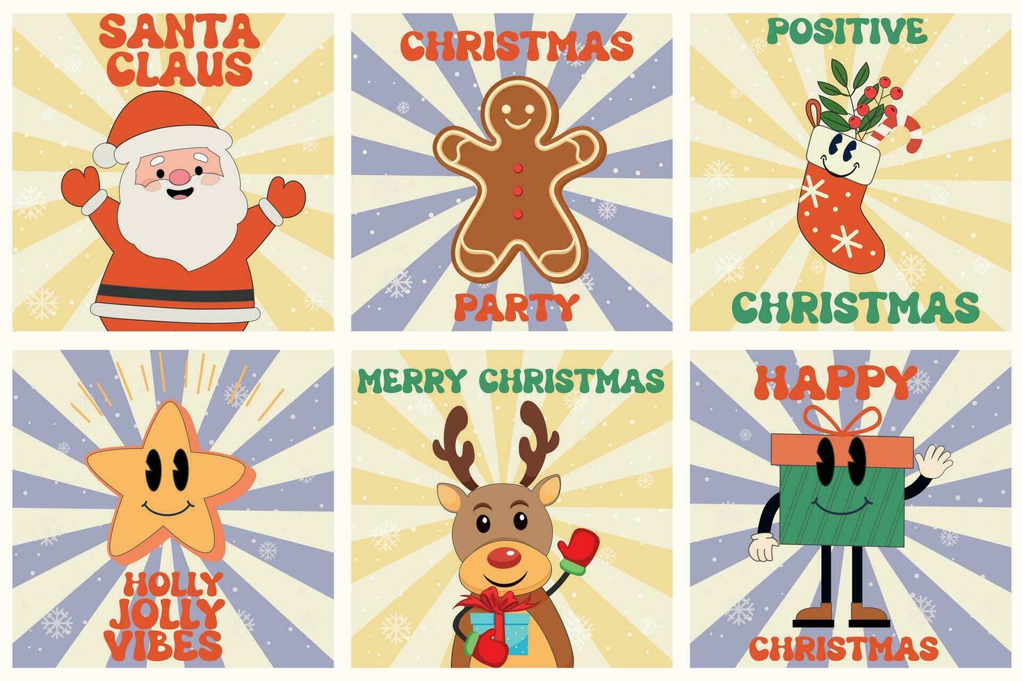 groovig Hippie Weihnachten. Weihnachtsmann, Weihnachten Baum, lächeln, Stechpalme lustig Stimmung im modisch retro Karikatur Stil. glücklich Neu Jahr Gruß Karte, Poster, Vorlage, drucken, Party Einladung, Hintergrund. vektor