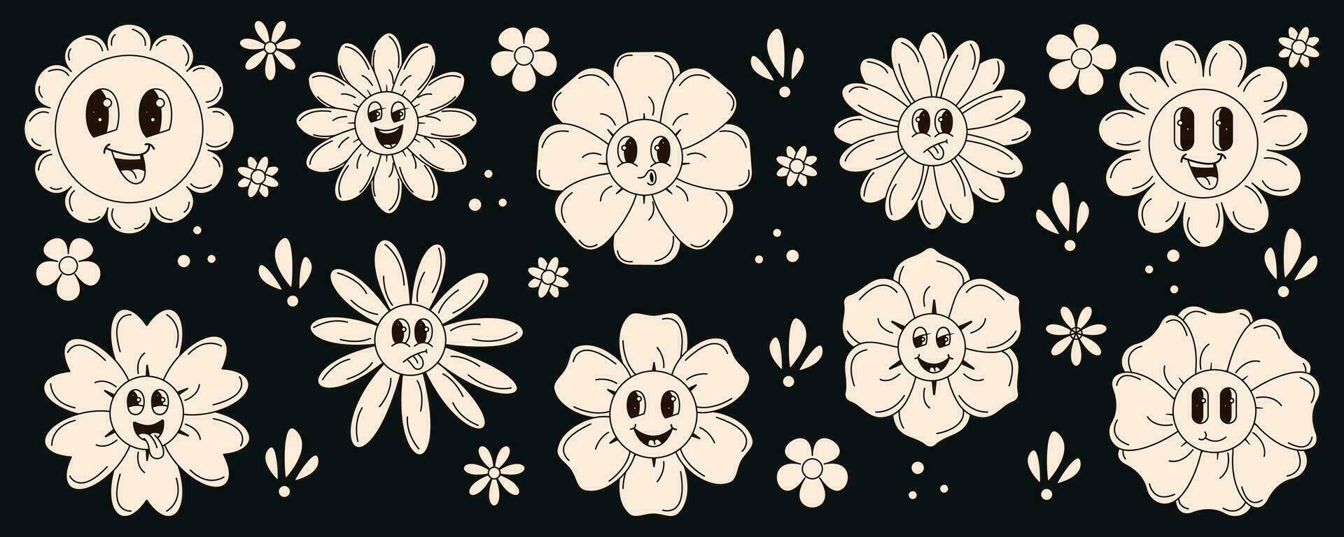 häftig uppsättning av färger från de 70-tal. rolig tecknad serie blomma. uppsättning av klistermärken i trendig retro tecknad serie stil. vektor