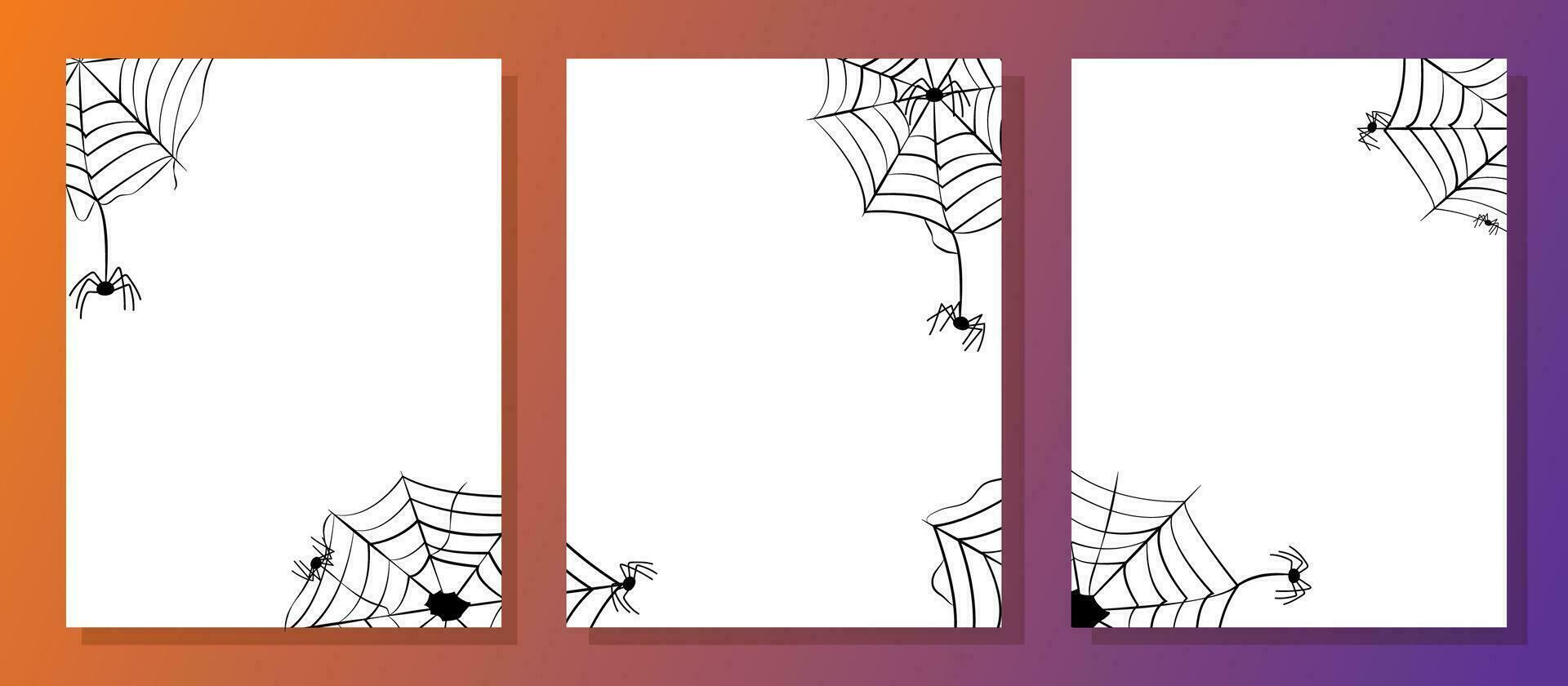 einstellen von Banner Designs zum glücklich Halloween mit Spinnweben und Spinnen. Weiß Vorlagen auf Orange Gradient Hintergrund. Vektor