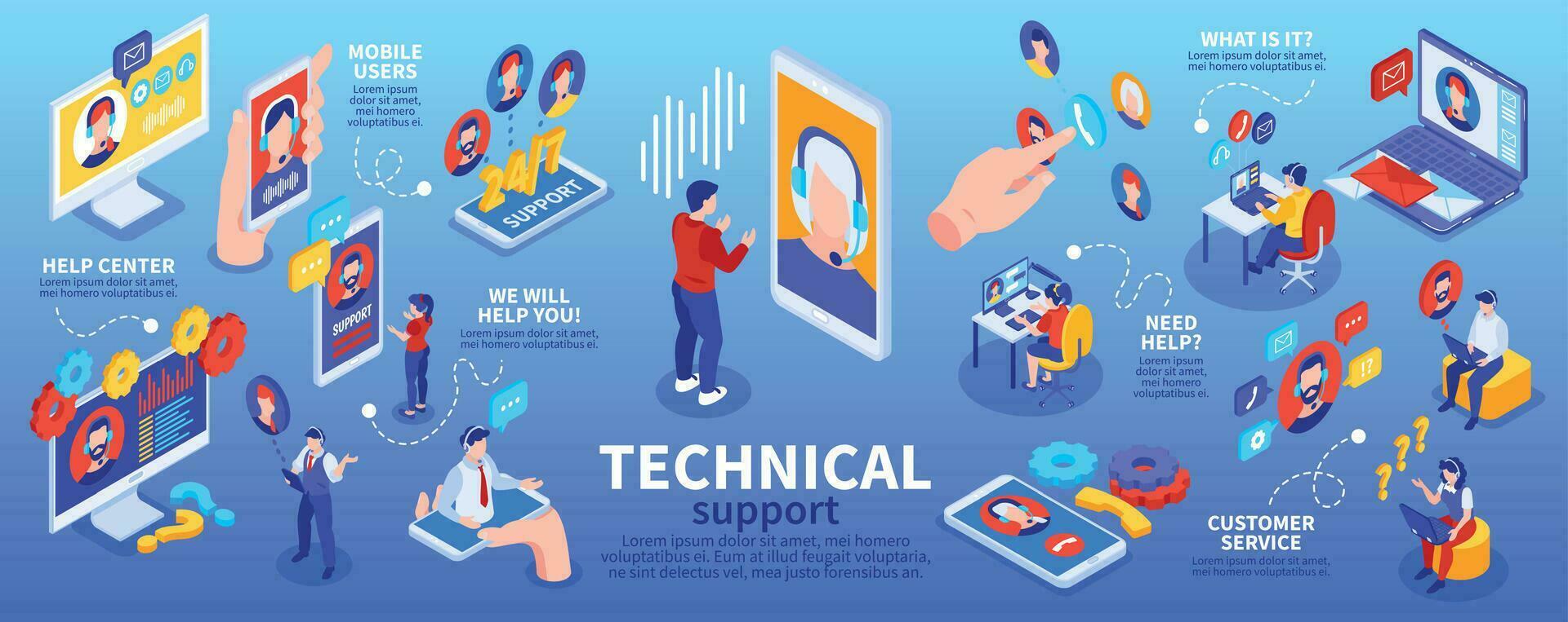 isometrisch technisch Unterstützung Infografiken vektor