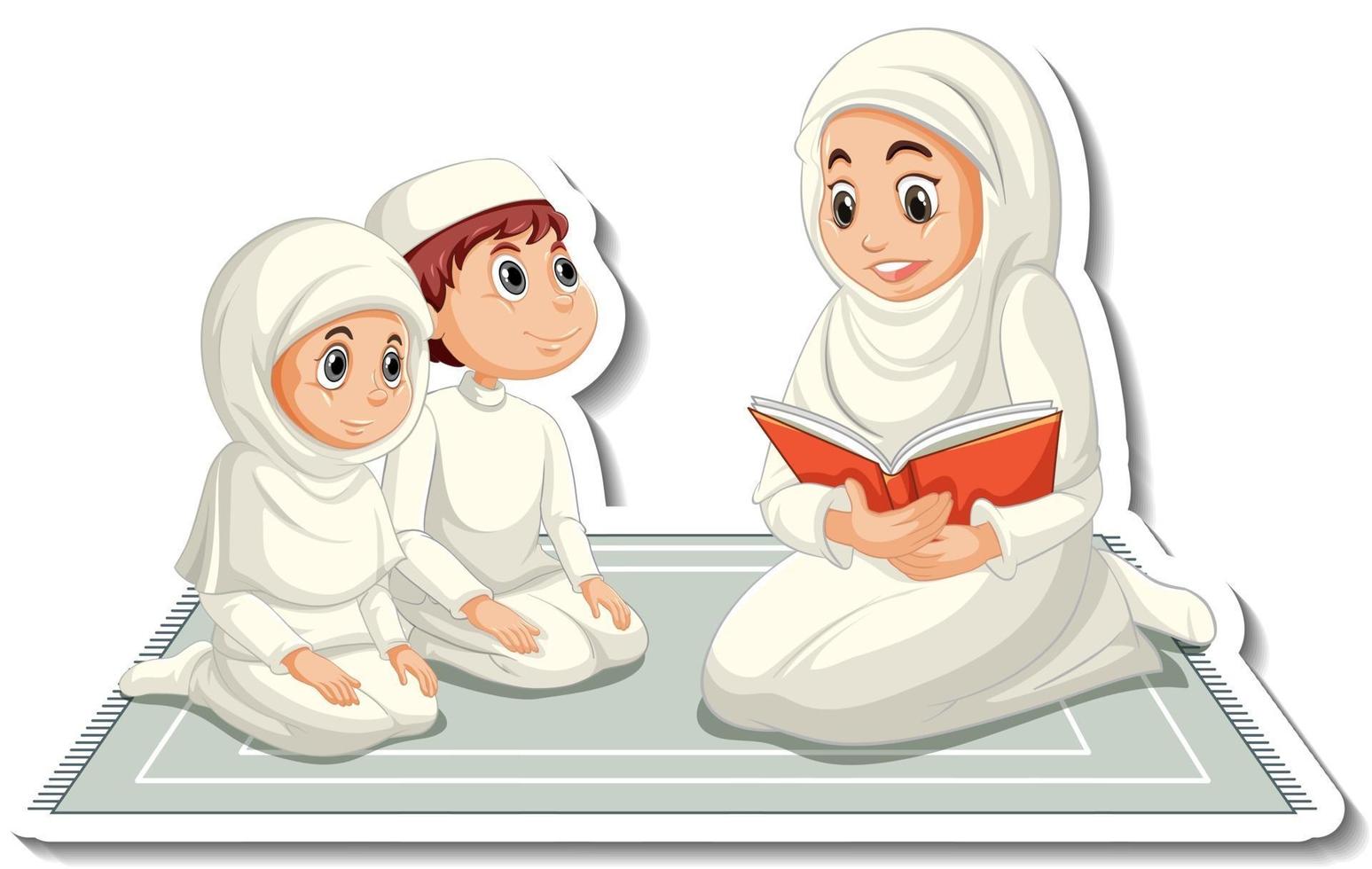 en klistermärkesmall med muslimska mödrar som läser en bok för sina barn vektor