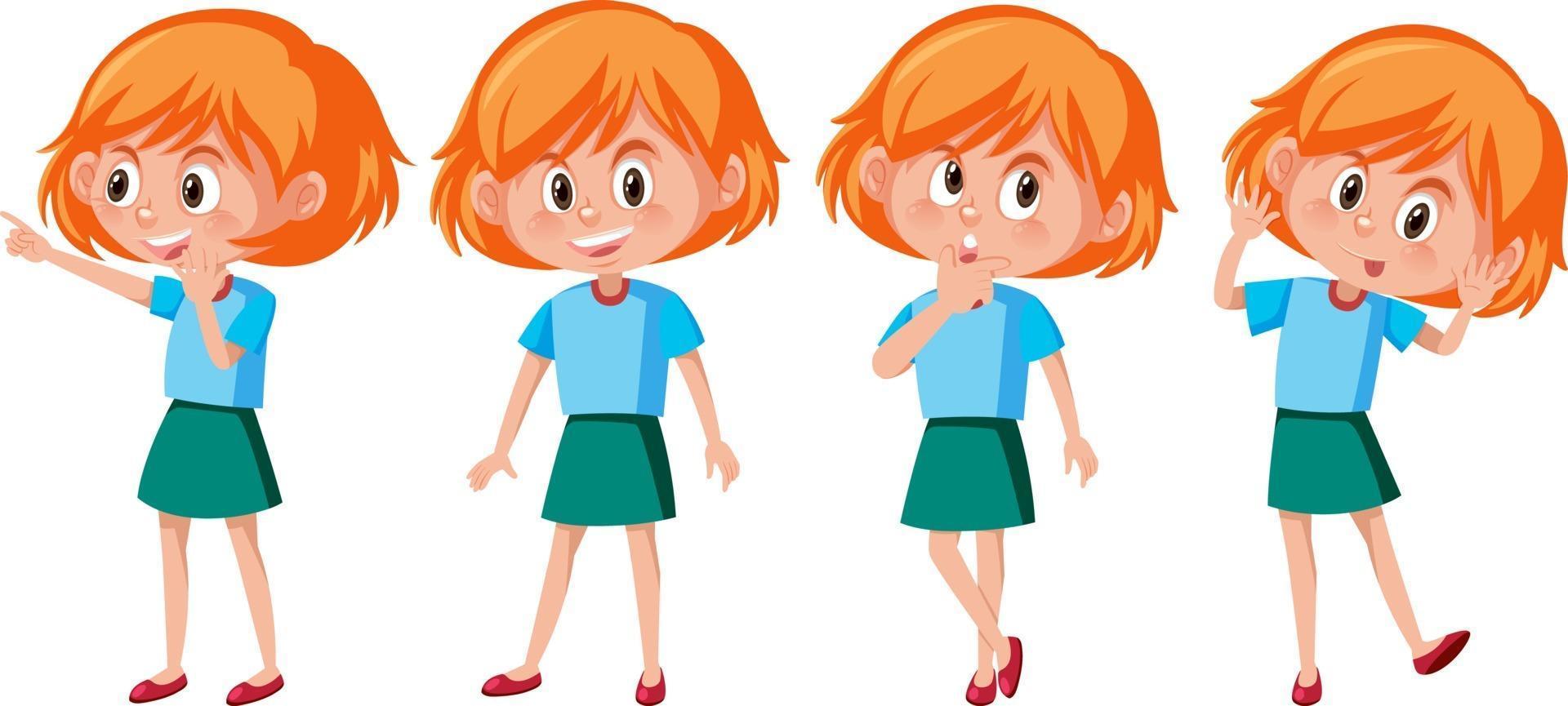 tecknad karaktär av en flicka med olika poser vektor